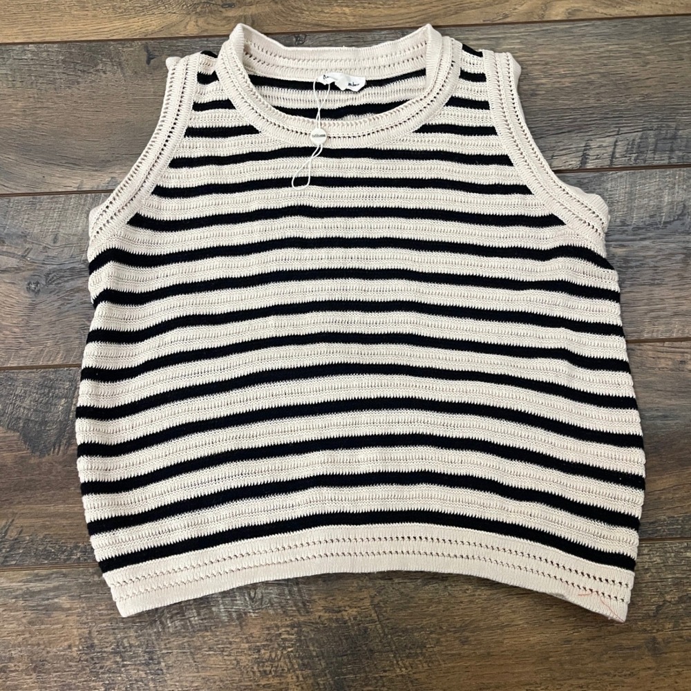 Aaron & Amber Striped Knit Tank Top Cream Black Sleeveless Sweater Vest S Boho